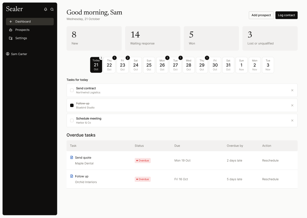 The Sealer dashboard: status tiles, a 14-day calendar and today's tasks