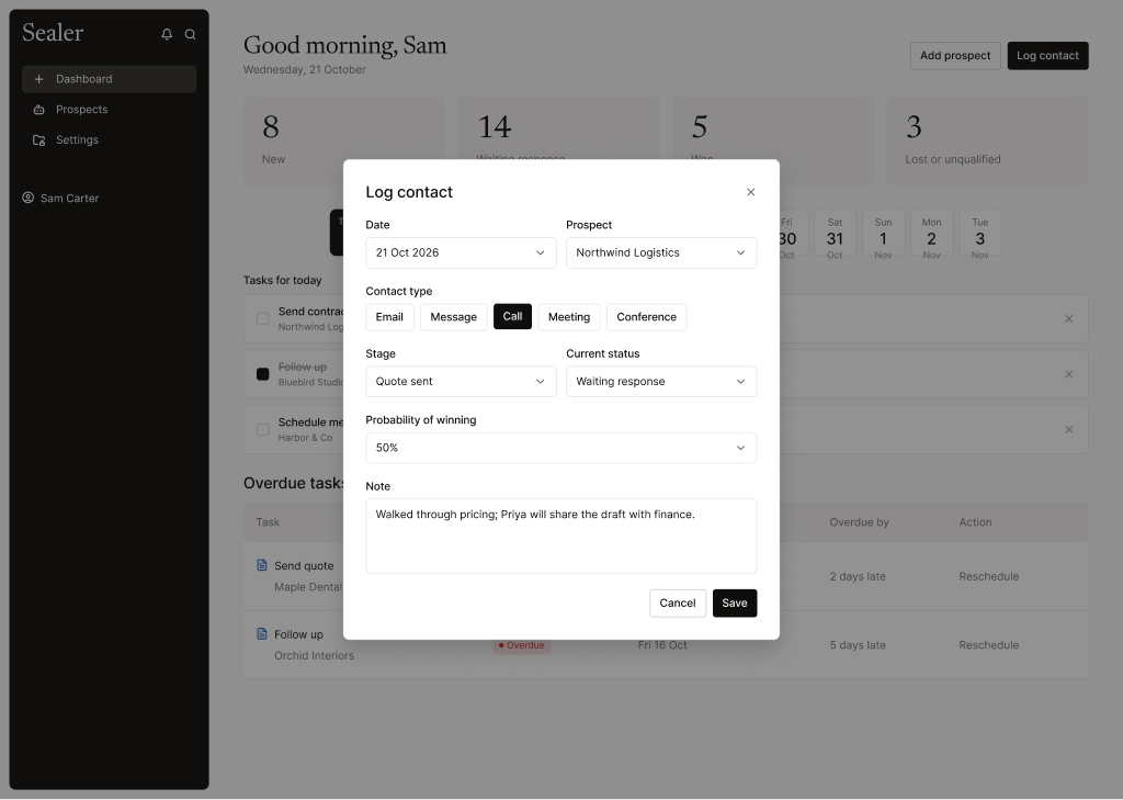 The Log contact dialog