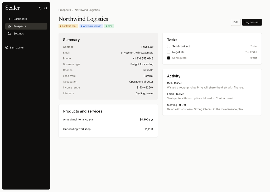 A prospect page with summary, tasks and activity